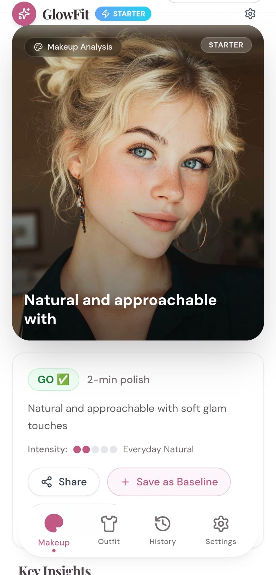 GlowFit App Interface showing makeup analysis